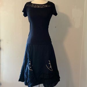 Gently used black boho cotton skirt with floral embroidery